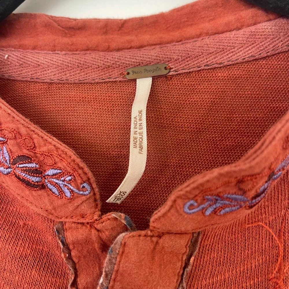 Free People Sundance Kid Rust Orange Embroidered Floral Boho Long Sleeve Top XS‎ - Picture 4 of 8